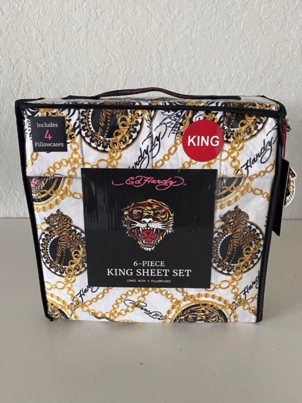 6 Piece Ed Hardy KING Size Sheet Set Americana Asian Tattoo Tiger Print White